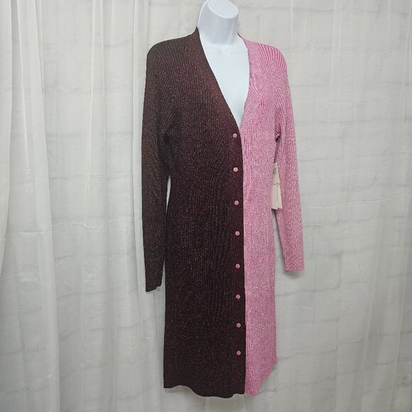 Cocobleu Cardigan Dress Pink Burgundy Metallic Ribbed Knit Colorblock L NWT - Picture 3 of 11
